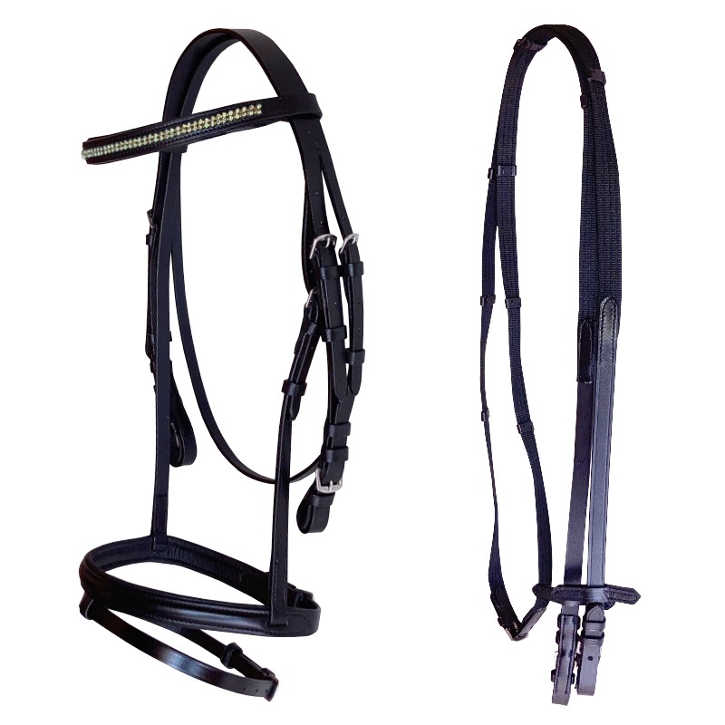 English bridle with canvas reins, browband with double line of rhinestones