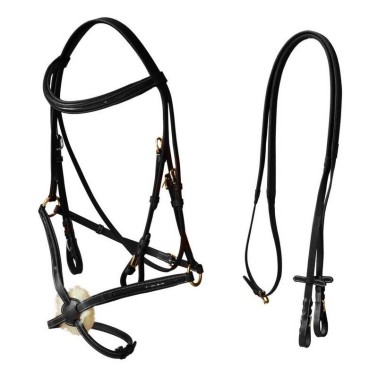 PADDED BRIDLE WITH PATTENT LEATHER DECORATED ON BROW BAND AND NOSE BAND MEXICAN NOSEBAND RUBBER GRIP RIENS WITH BUCKLE ENDS NEW